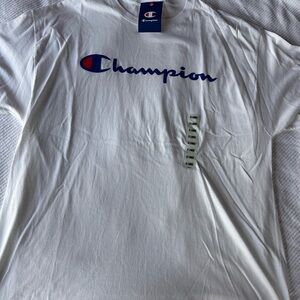 Champion White Tee with Blue Logo